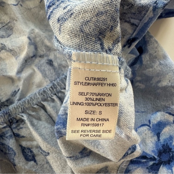 Altar’d State Women Small Blue Linen Blend Floral Tiered Puff Sleeve Mini Dress - Picture 4 of 8